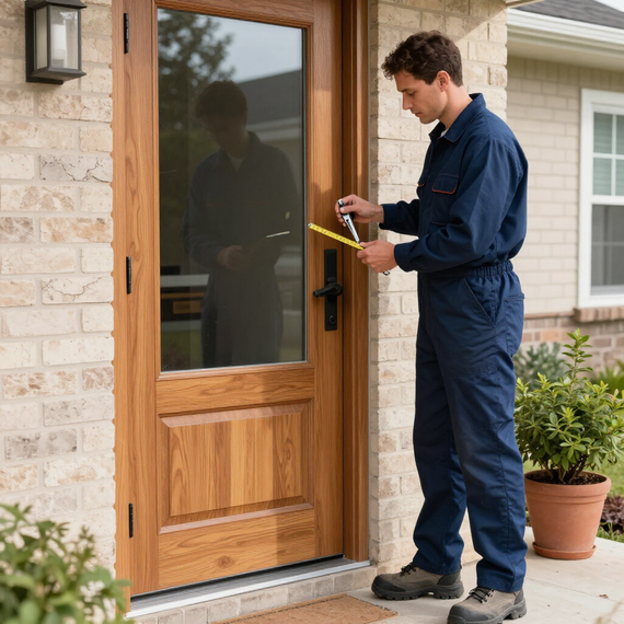 Technician measuring a wooden front door with a tape measure at a brick house entrance
