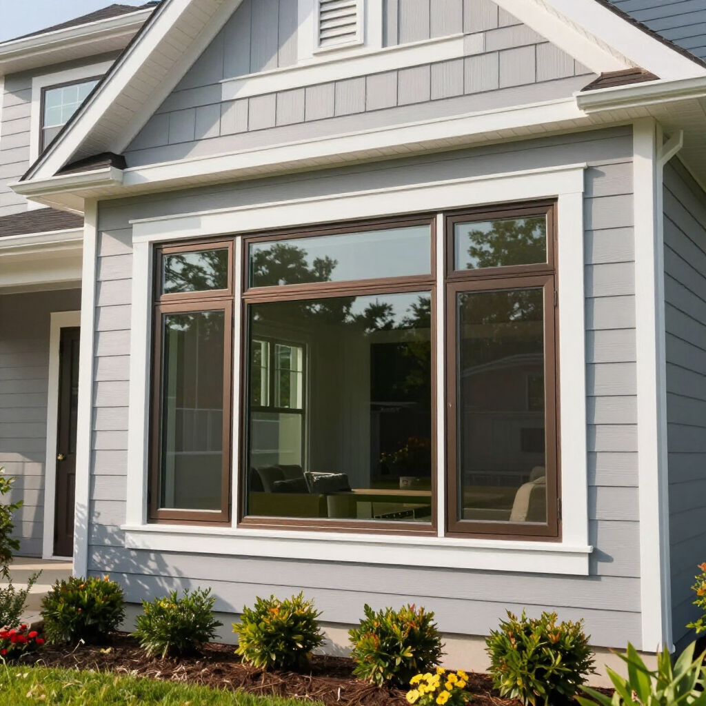 Gray house exterior with large front windows and landscaped shrubs