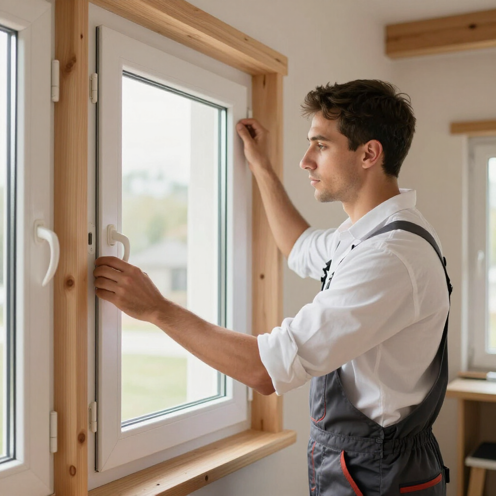 Worker installing a white window frame in a bright room