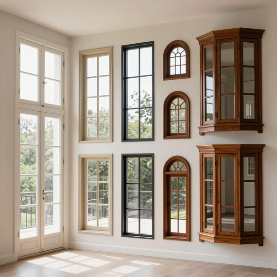 Sunlit room with many styles of tall windows and wooden display cabinets along the wall