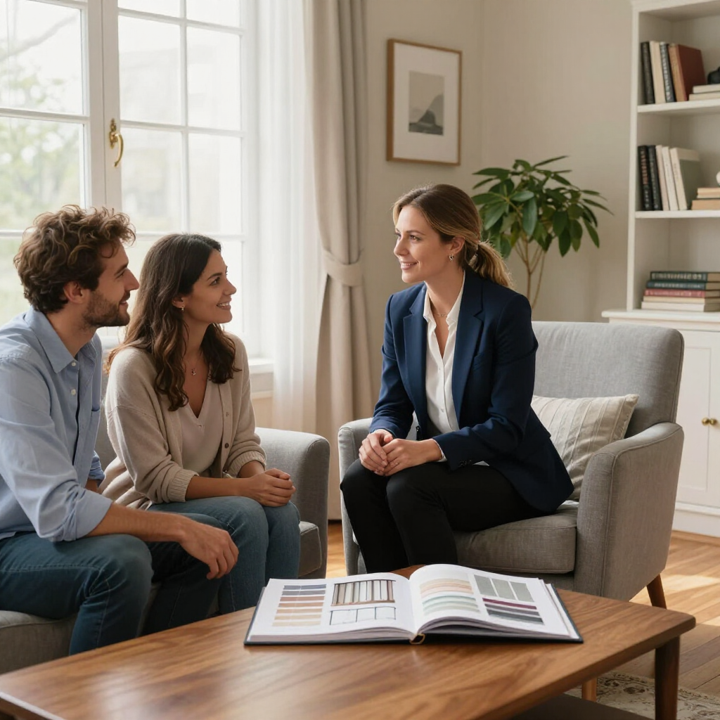 Three people in a bright office discussing with a counselor, with an open book on the coffee table.
