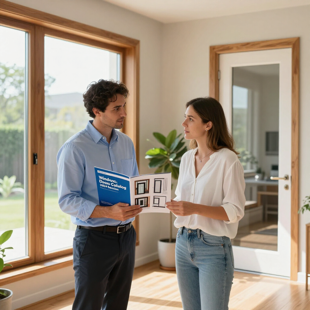 Two people discussing a house plan in a bright, empty room with large windows and a potted plant