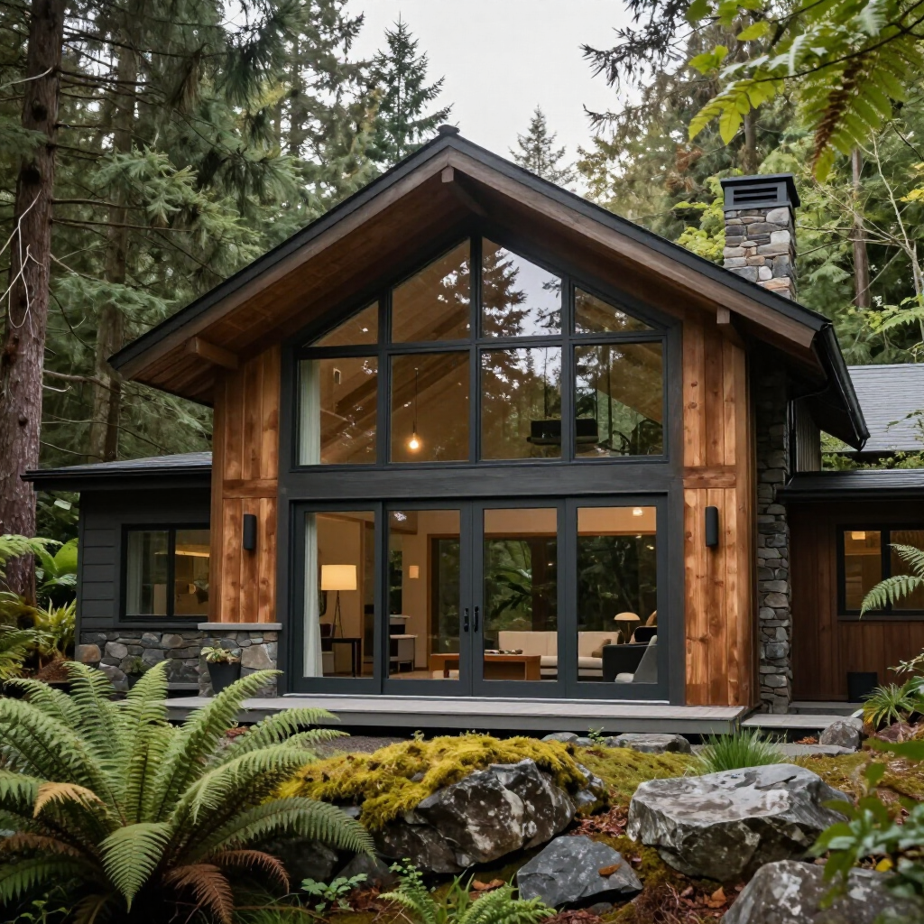 Modern timber cabin with large glass windows in a forest setting