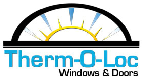 Therm-O-Loc Windows & Doors logo with sun and arched black window frame