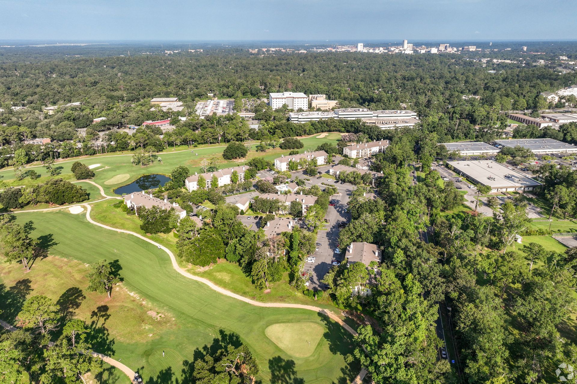 Aerial view of The Greens at Old St. Augustine and Hilaman Park Community Golf Course with green fairways and trees under a clear sky