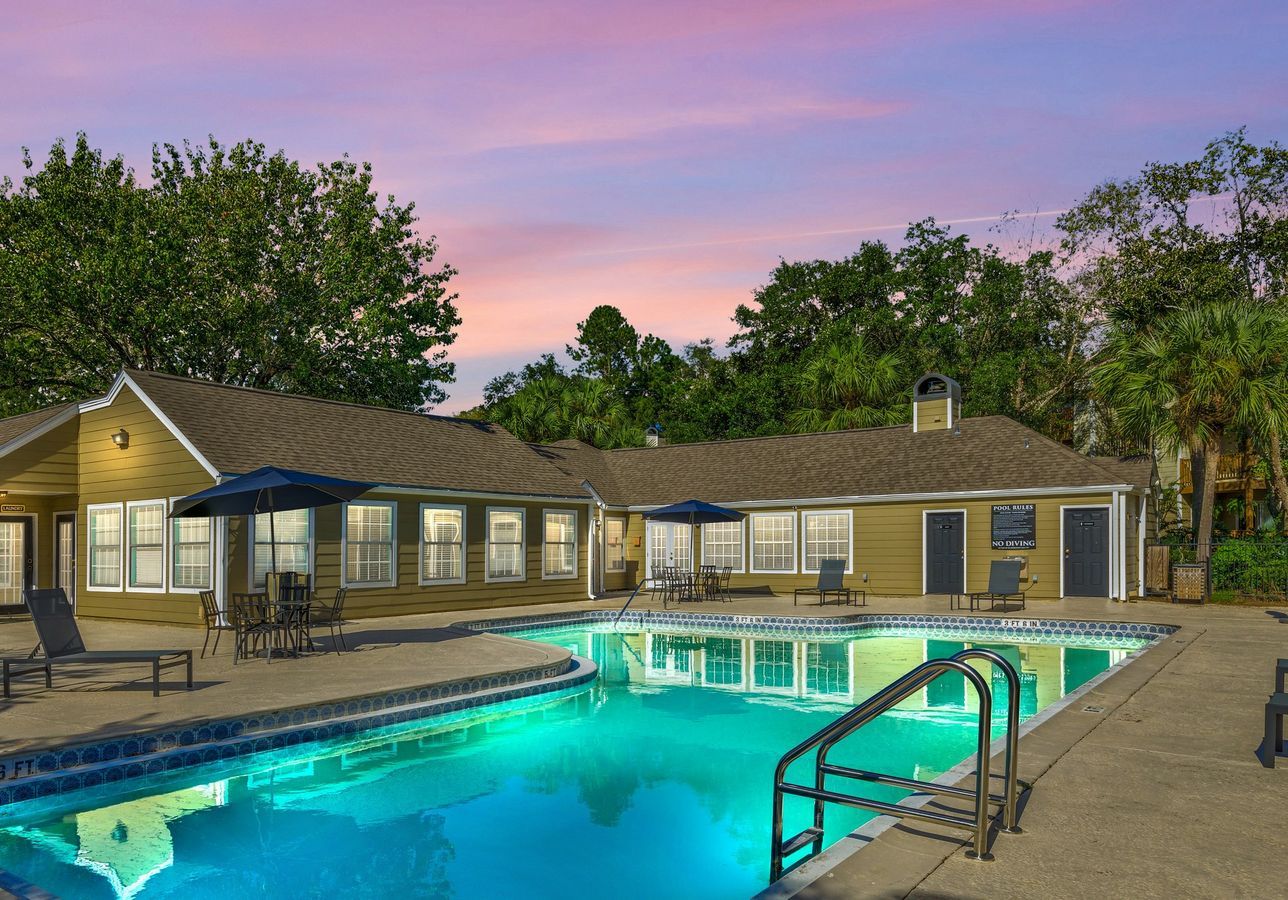 Swimming pool at night at The Greens at Old St. Augustine in Tallahassee, FL.