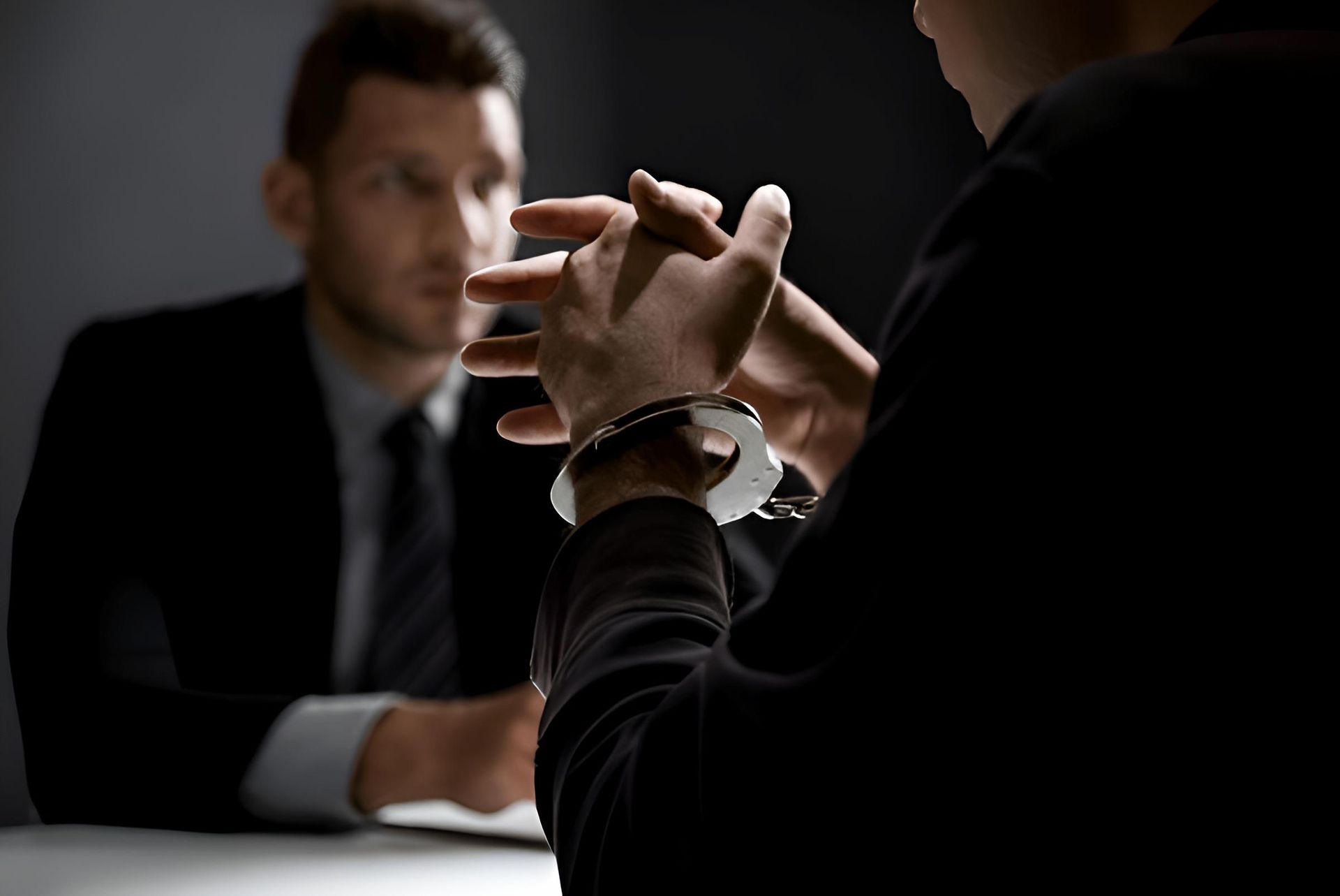 A Man in Handcuffs is Sitting at a Table With a Lawyer — O'Reilly & Sochacki Lawyers in Tweed Heads, NSW
