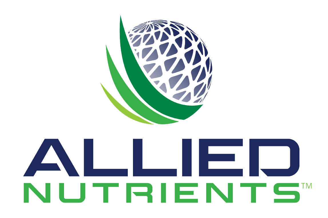 A logo for allied nutrients with a globe in the middle with 3 blades of grass extended outwards