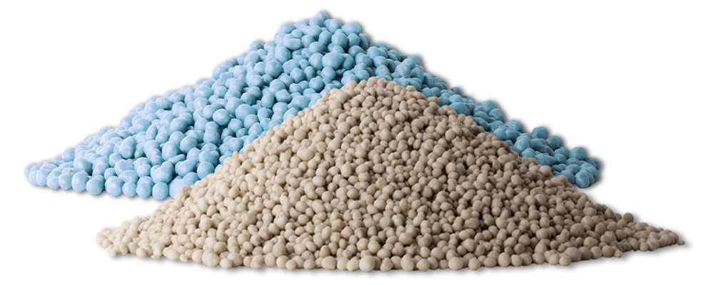 a pile of the product TTRK, blue and tan standard size SGN granules