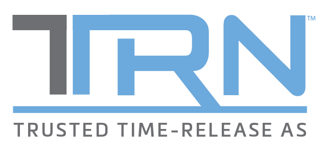 the logo for TTRN, trusted time release AS is blue and gray .