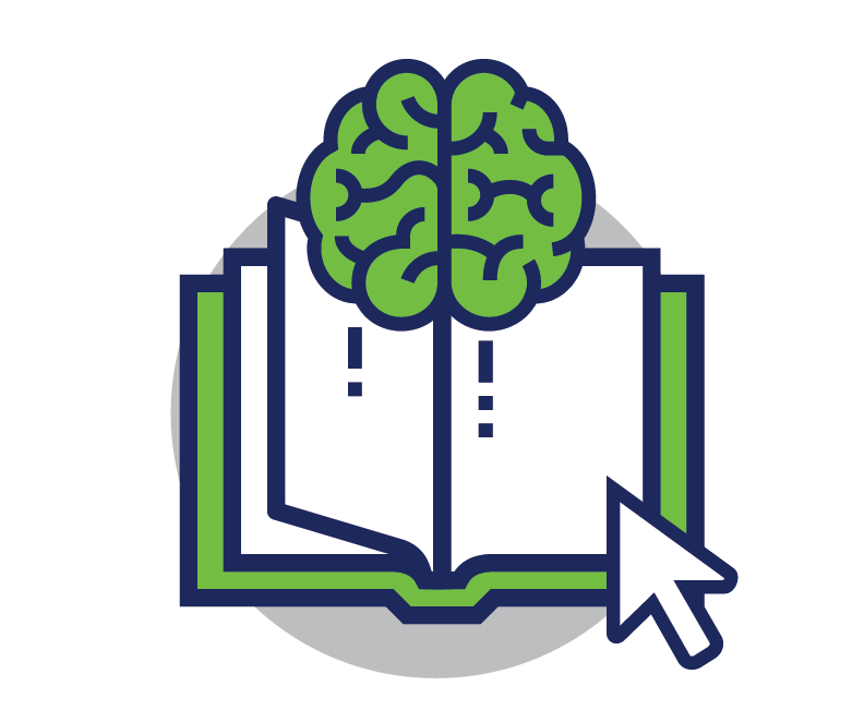 A green brain is sitting on top of an open book with an arrow pointing to it.