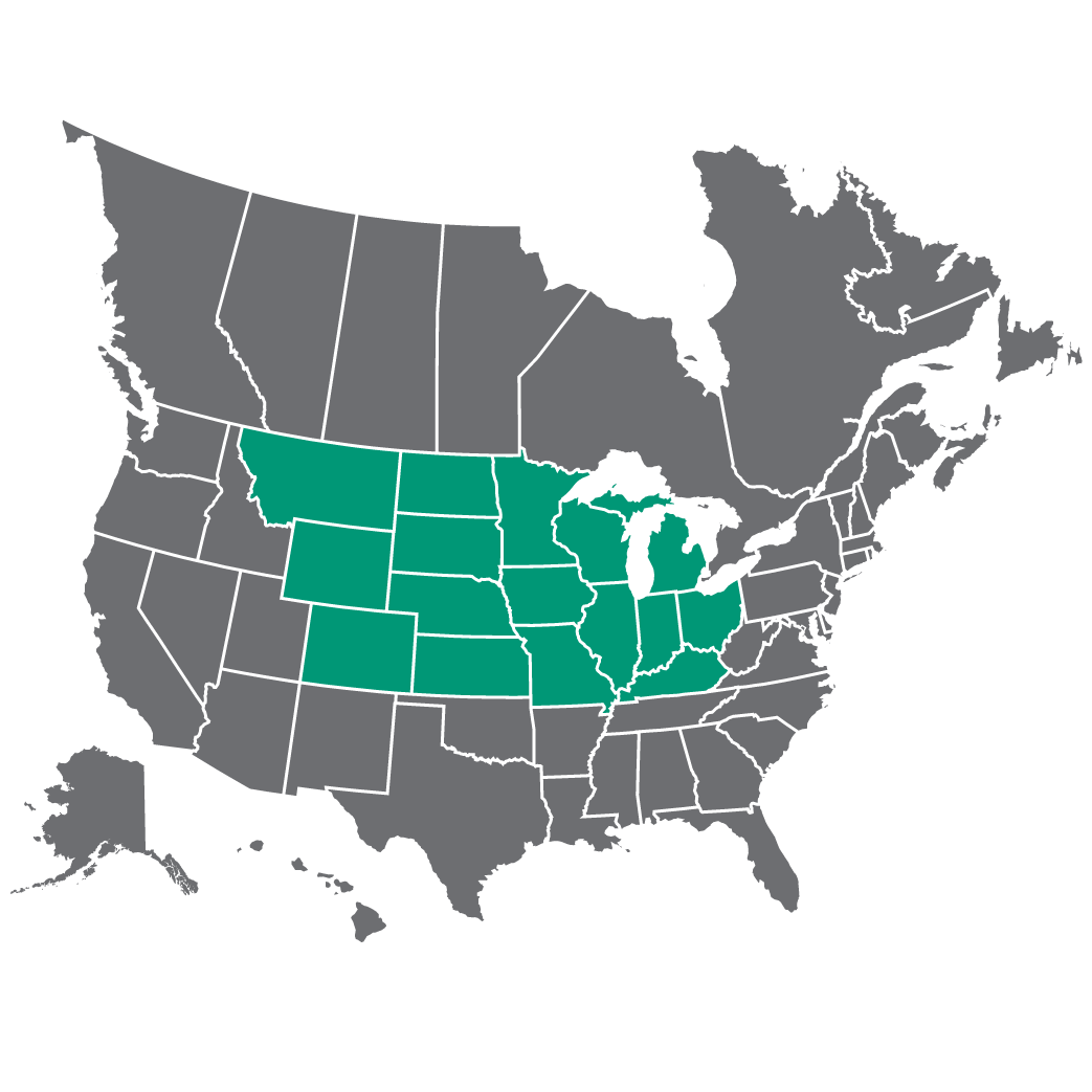 a map of the united states showing the central states in teal.