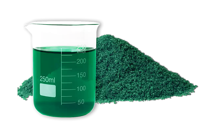 DUOTECH dark teal granule product with beaker and dark teal liquid
