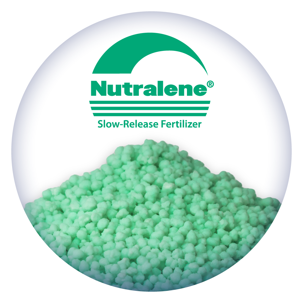 A pile of green fertilizer called nutralene slow release fertilizer