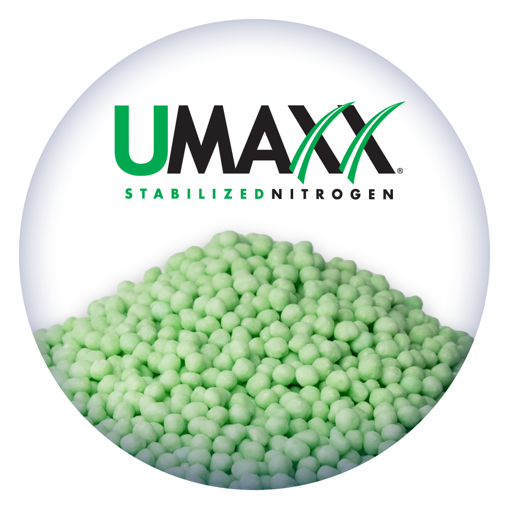 A logo for umaxx stabilized nitrogen with a pile of product