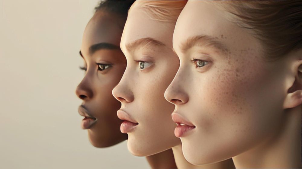 Three women of different races are standing next to each other and looking at the camera.