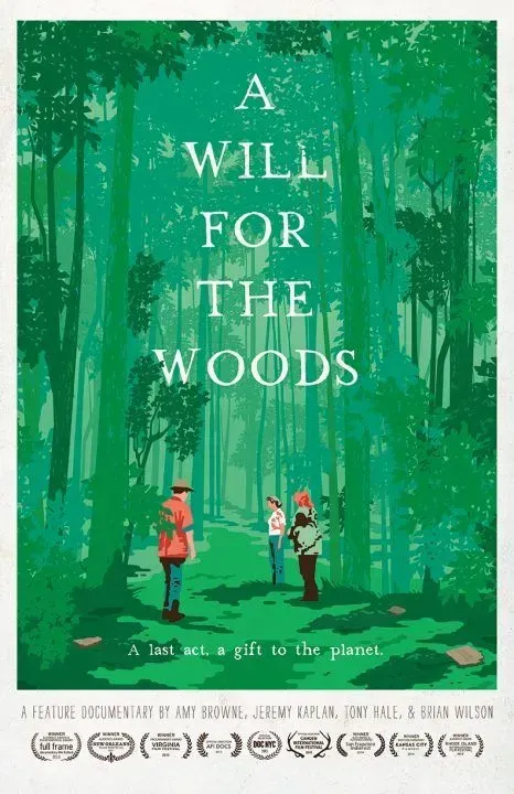 Book cover with green forest, two hikers, and title “A Will for the Woods”