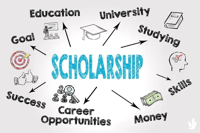 Scholarship concept diagram with words like education, university, studying, skills, money, success, and goals.