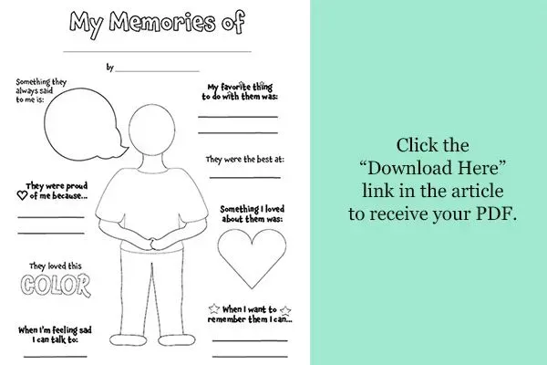 Memory worksheet with a blank person outline, labeled prompts, heart, and rainbow; text says download PDF link.