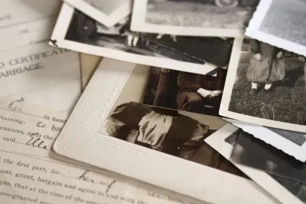 Scattered black-and-white vintage photos and handwritten papers on a tabletop.