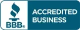 BBB Accredited Business logo in blue and white with flame icon