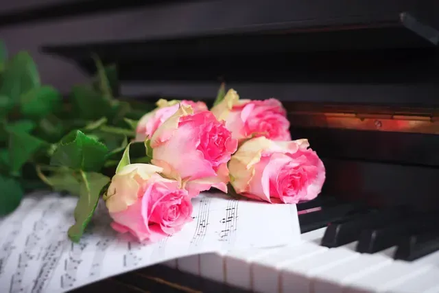 Pink roses resting on a piano keyboard with a softly lit dark background
