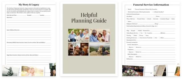 Three-page wedding planning booklet: a bridal shower guide cover, planning guide, and wedding vendor information form