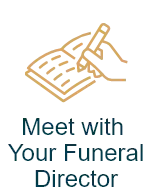 Illustration of a hand writing in a notebook with text “Meet with Your Funeral Director” below
