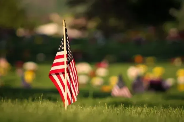 Small American flag planted in a grassy field with blurred flowers in the background.