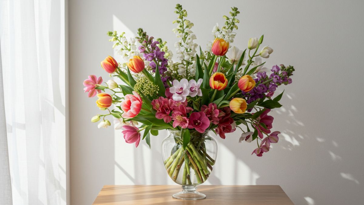 Colorful spring flower bouquet in a glass vase on a wooden table by a sunlit window