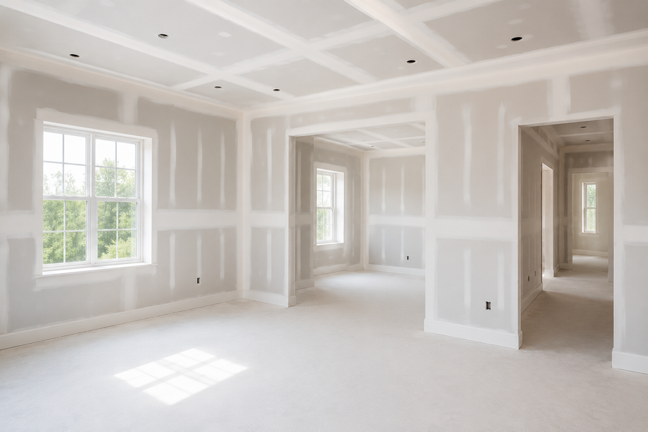 Bright empty unfinished room with white drywall, large windows, and sunlight on the floor