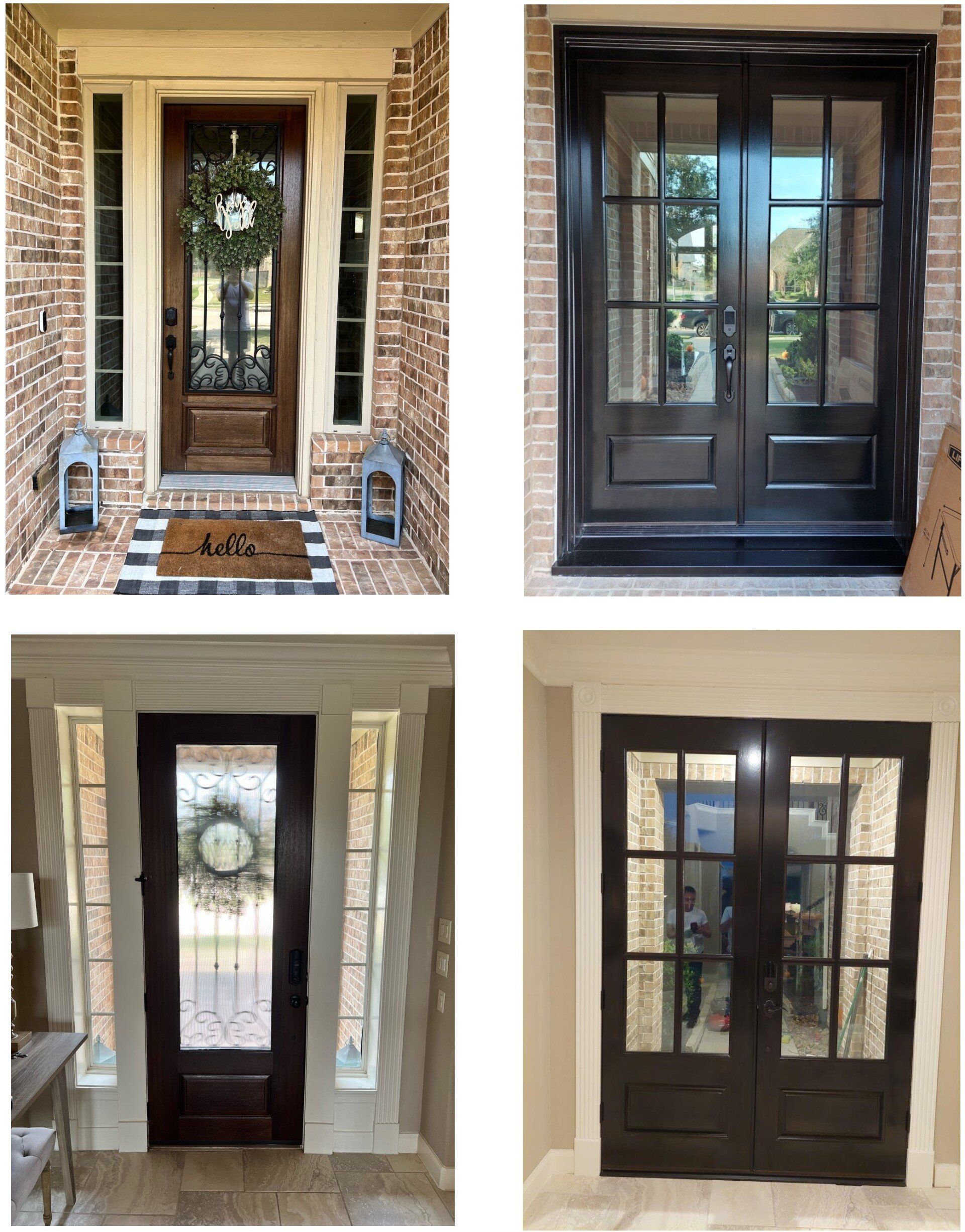 Four front door designs in a 2x2 collage, each with dark wood and glass panels at a home entryway