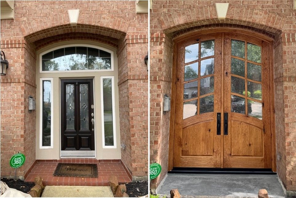 Side-by-side front entryways: a black-and-white door on the left and a wooden double door on the right.