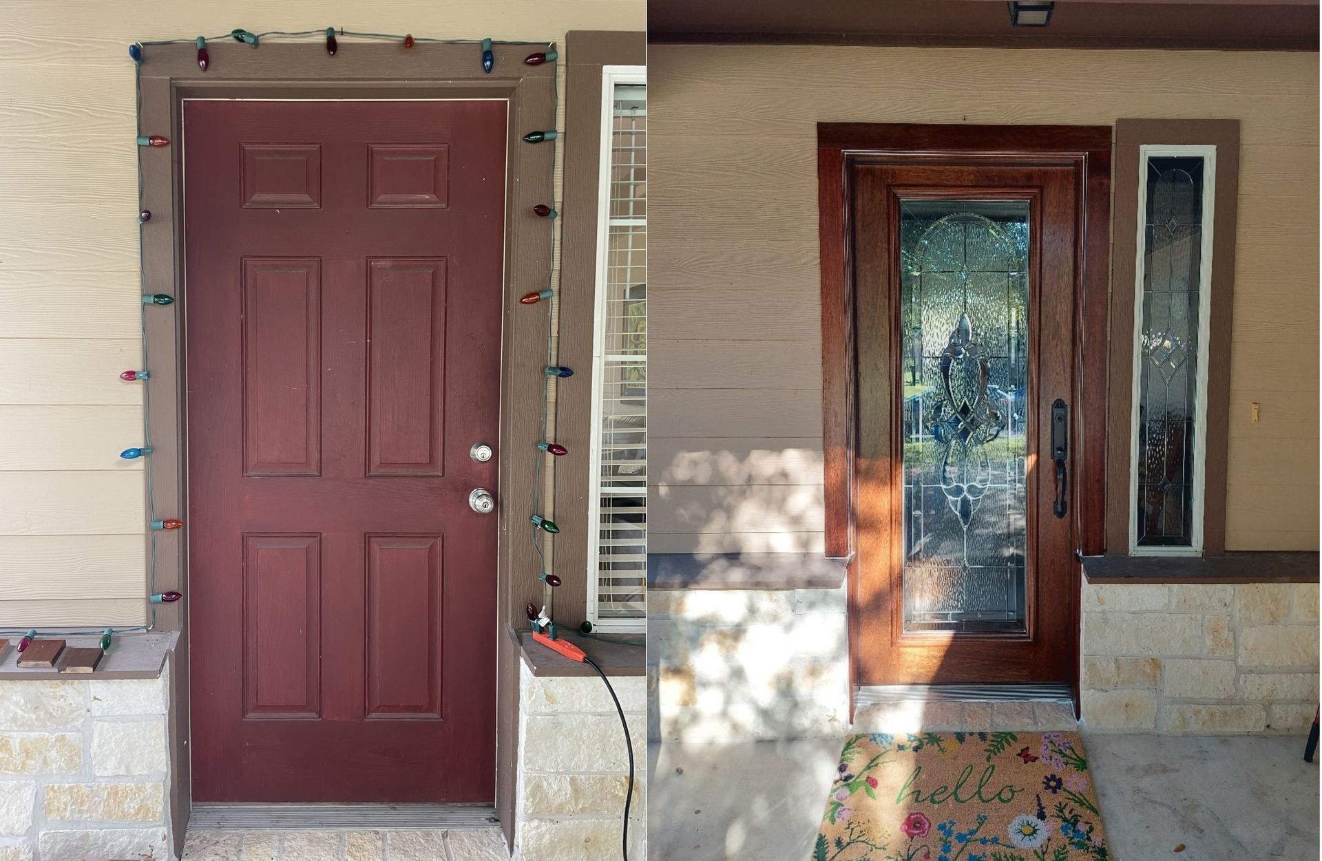 Two front doors: a maroon door on the left and a wooden door with sidelights on the right
