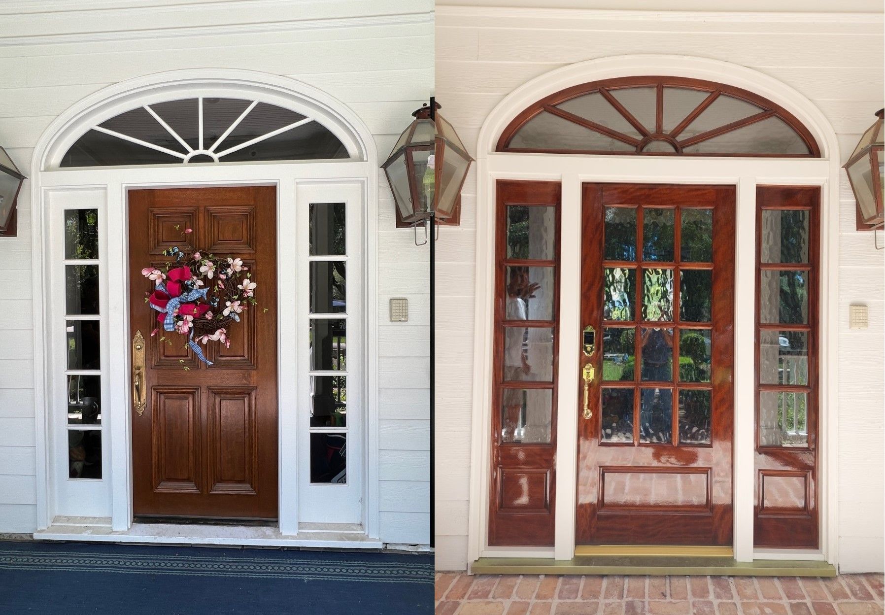 Two front doors side by side: brown door with wreath and white door with glass panes on a porch.