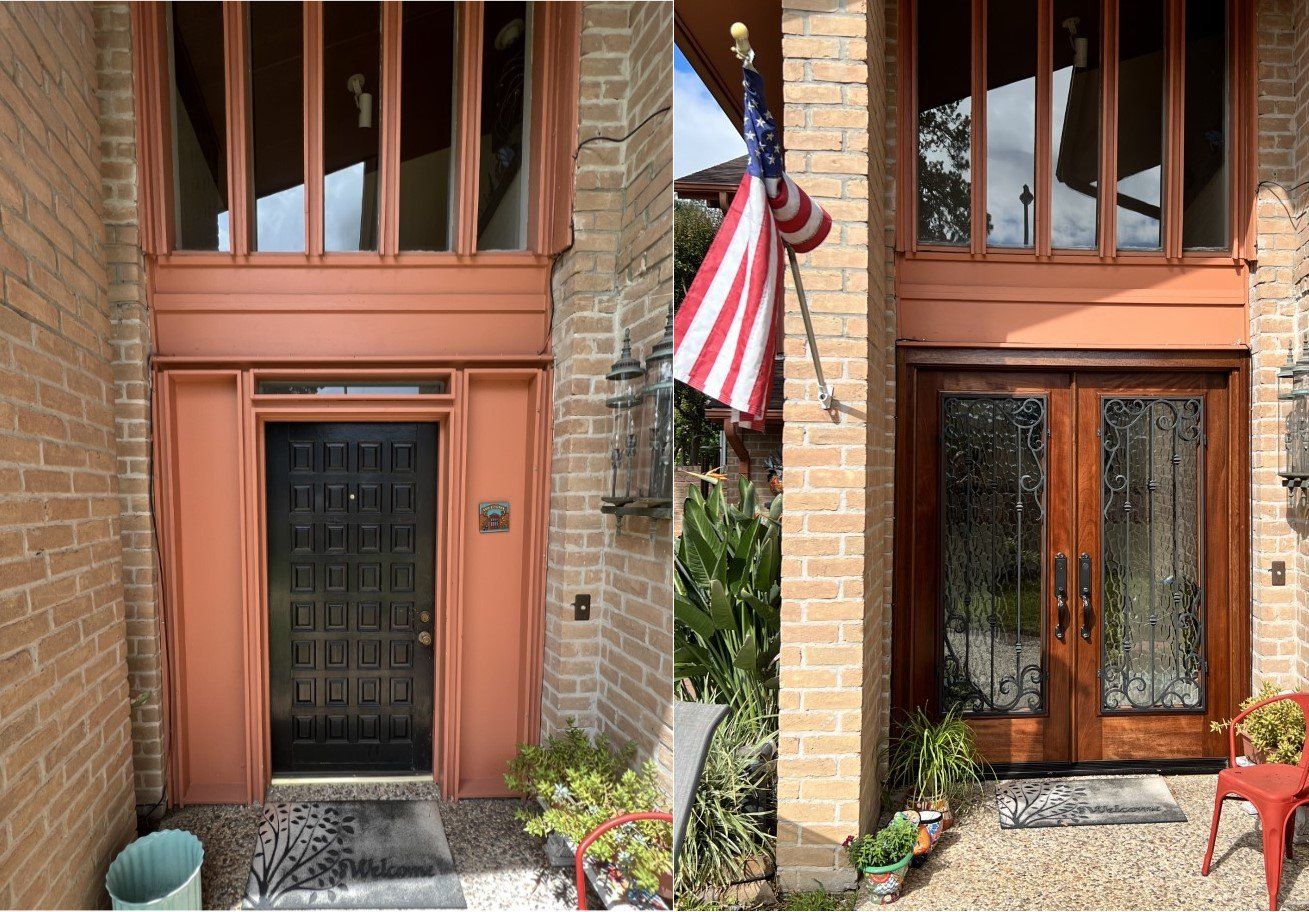 Side-by-side front door entrances with brick facades, one with an American flag and potted plants.