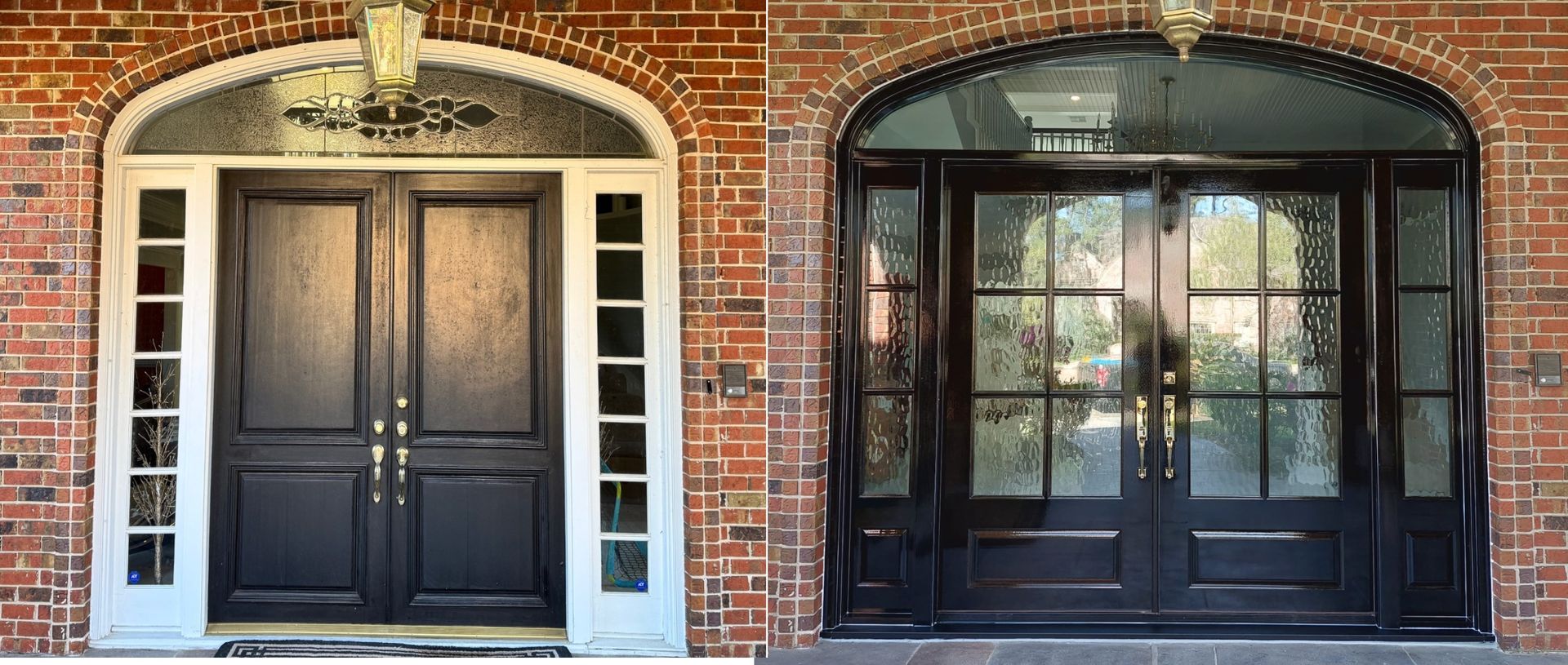 Brick building facade with arched entryways and dark double doors