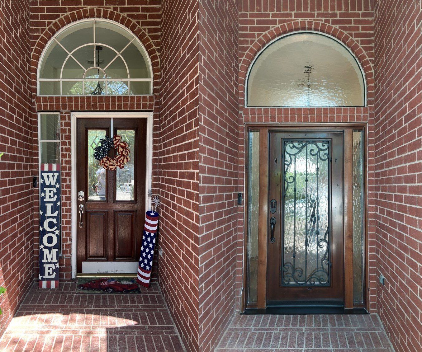 Brick front porch with two entry doors, arched windows, and a vertical “WELCOME” sign by the left door