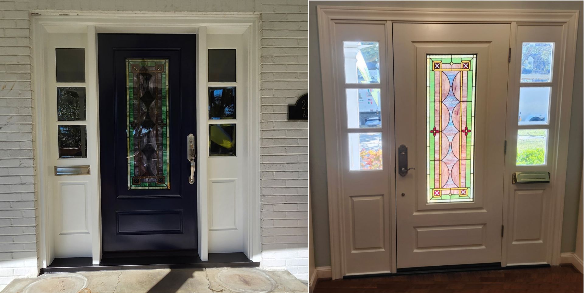 Two front doors side by side: one black, one beige, each with stained glass sidelights and a center panel.