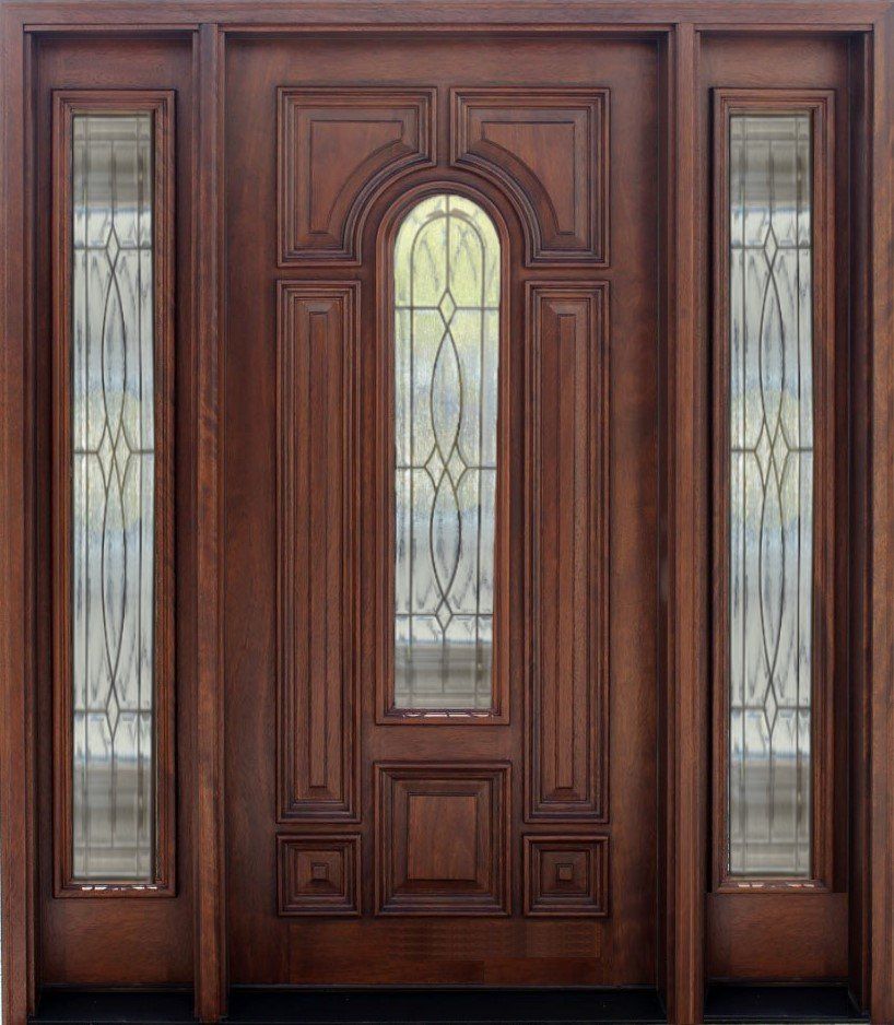 Wooden front door with frosted glass panels and sidelights