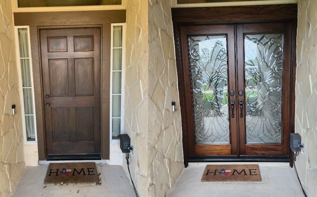 Front entry with a brown door on the left and a glass double door on the right, both with doormats.