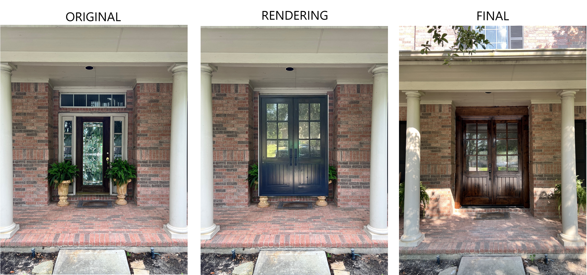 Before-and-after porch facade showing a dark front door added to a cream stone entrance.