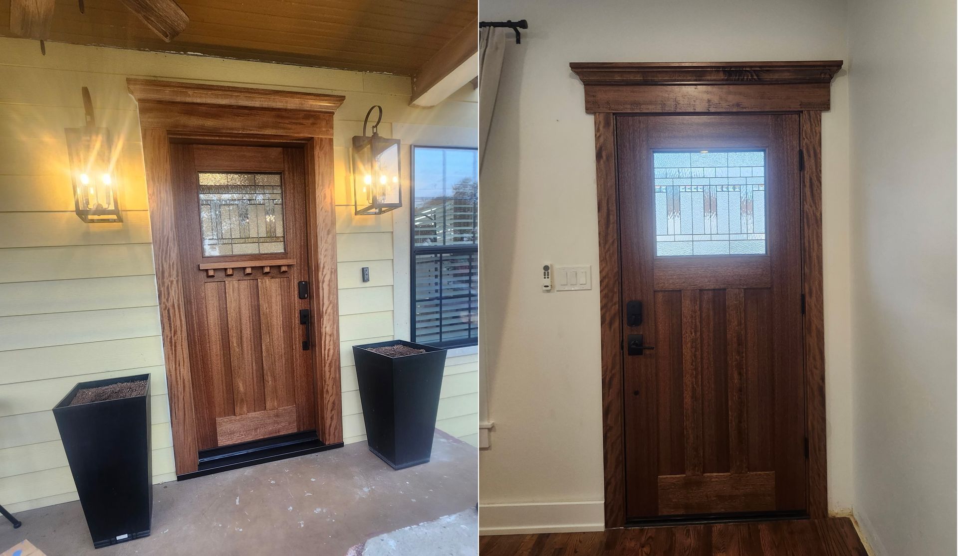Wooden front door with small window, framed by porch lights and black planters, shown indoors and outdoors.