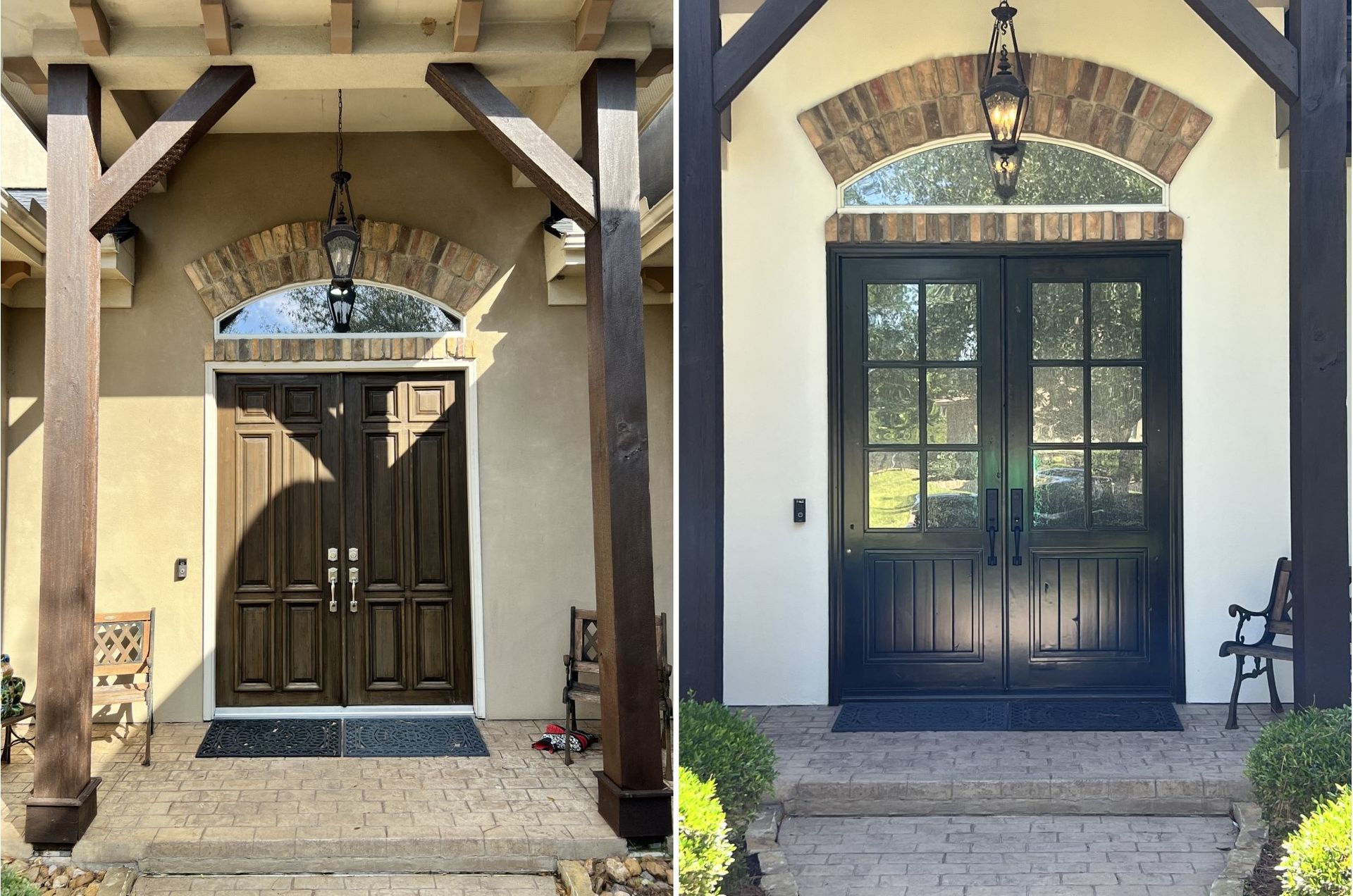Two front doors on a house exterior: dark wooden door left, black French doors right under arches.