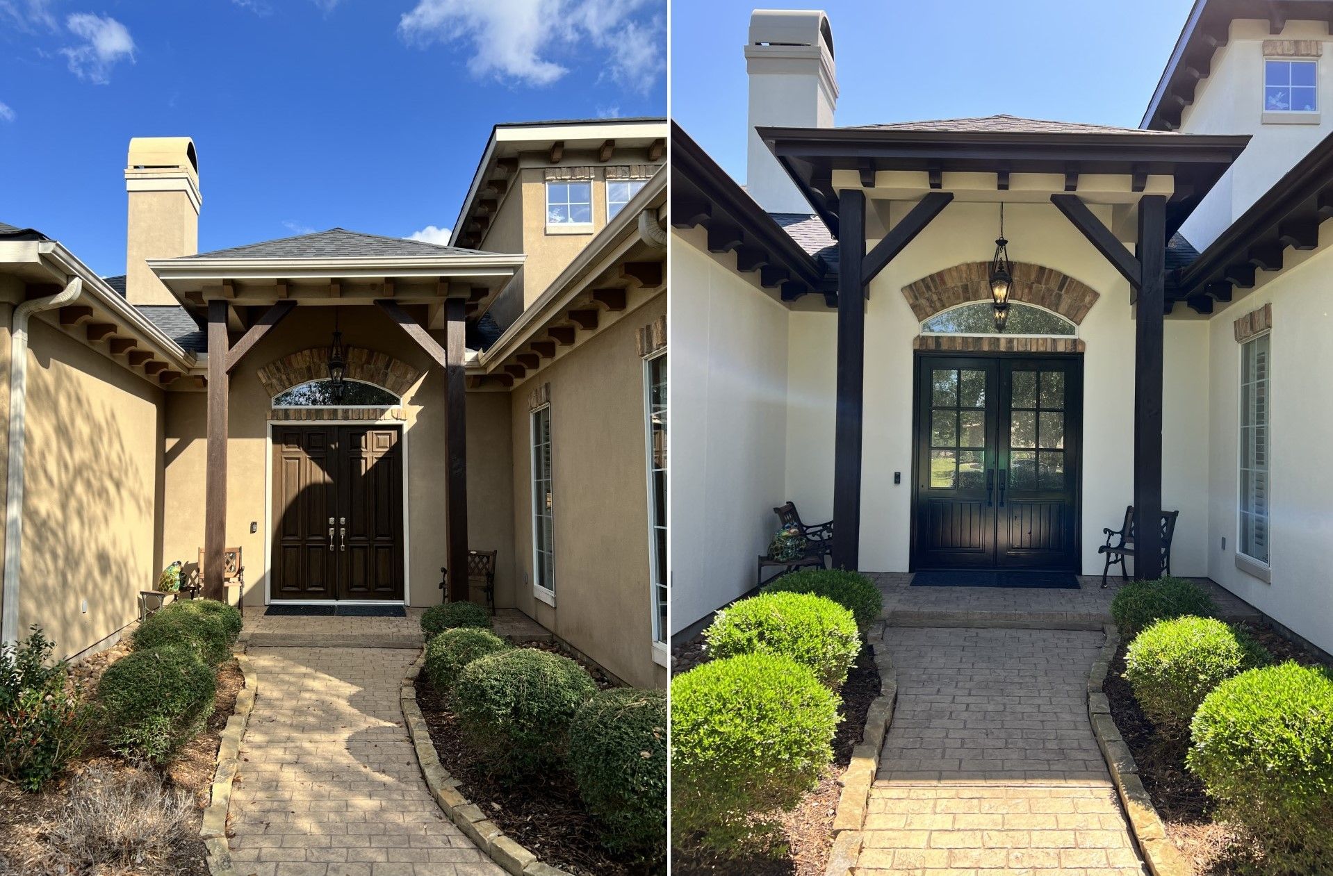 Front entrance of a beige house with a stone path, dark wood door, and trimmed shrubs under a covered porch