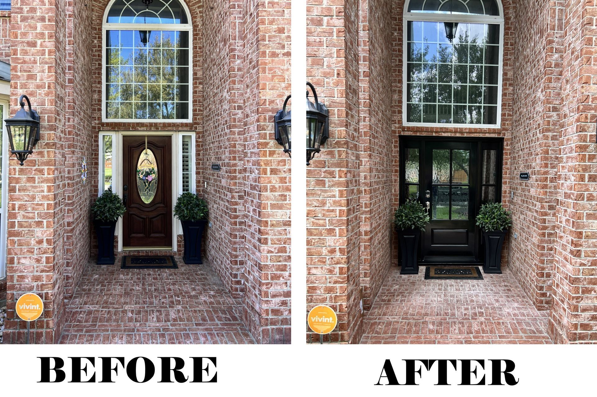 Before-and-after view of a brick house entrance with dark door and windows, showing exterior updates