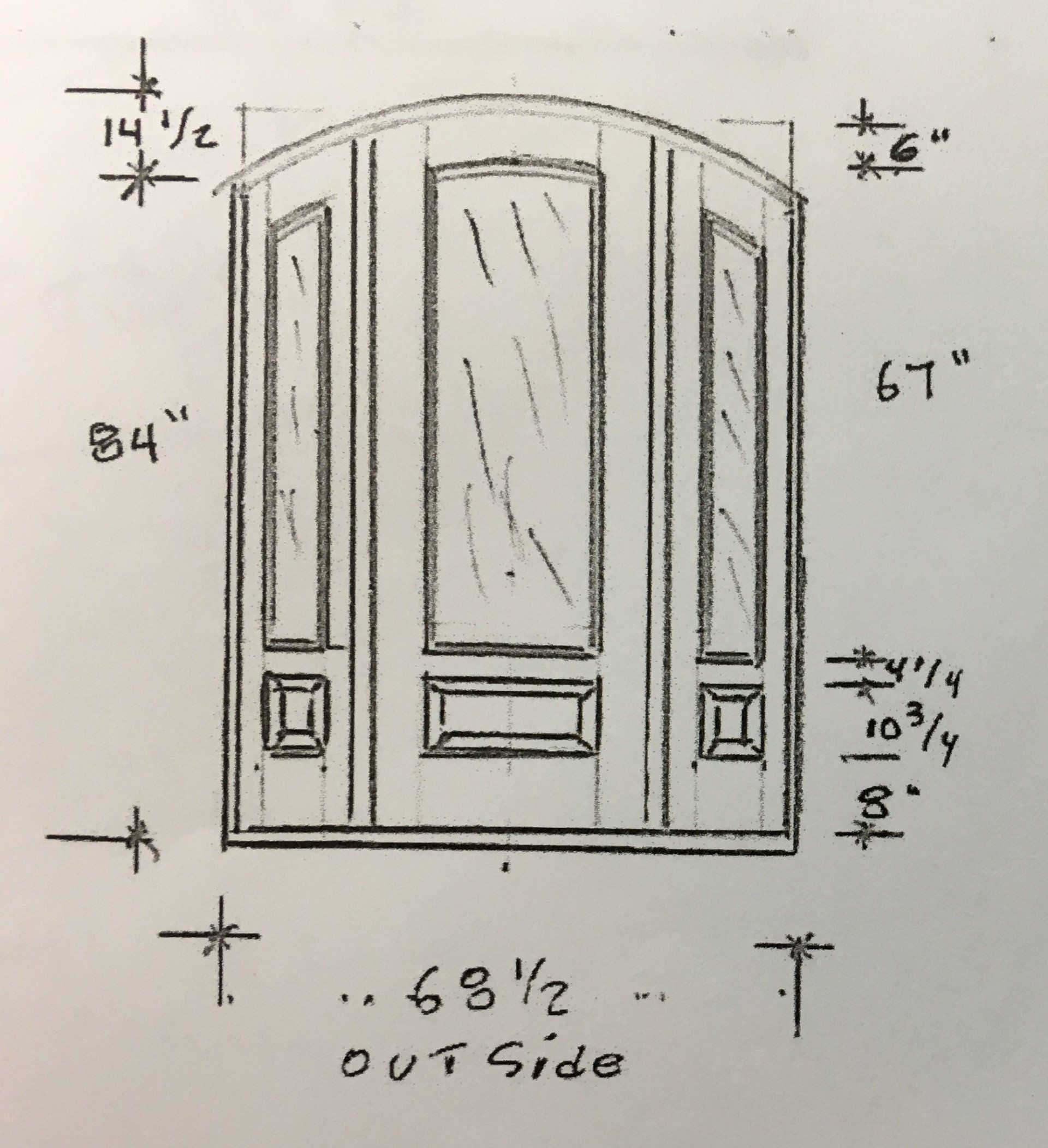 Hand-drawn door elevation sketch with measurements marked in inches.