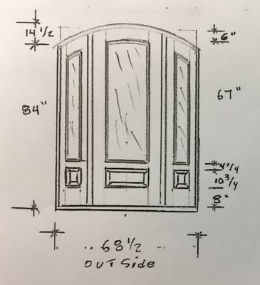 Hand-drawn front door elevation with measurements and dimensions marked in inches.