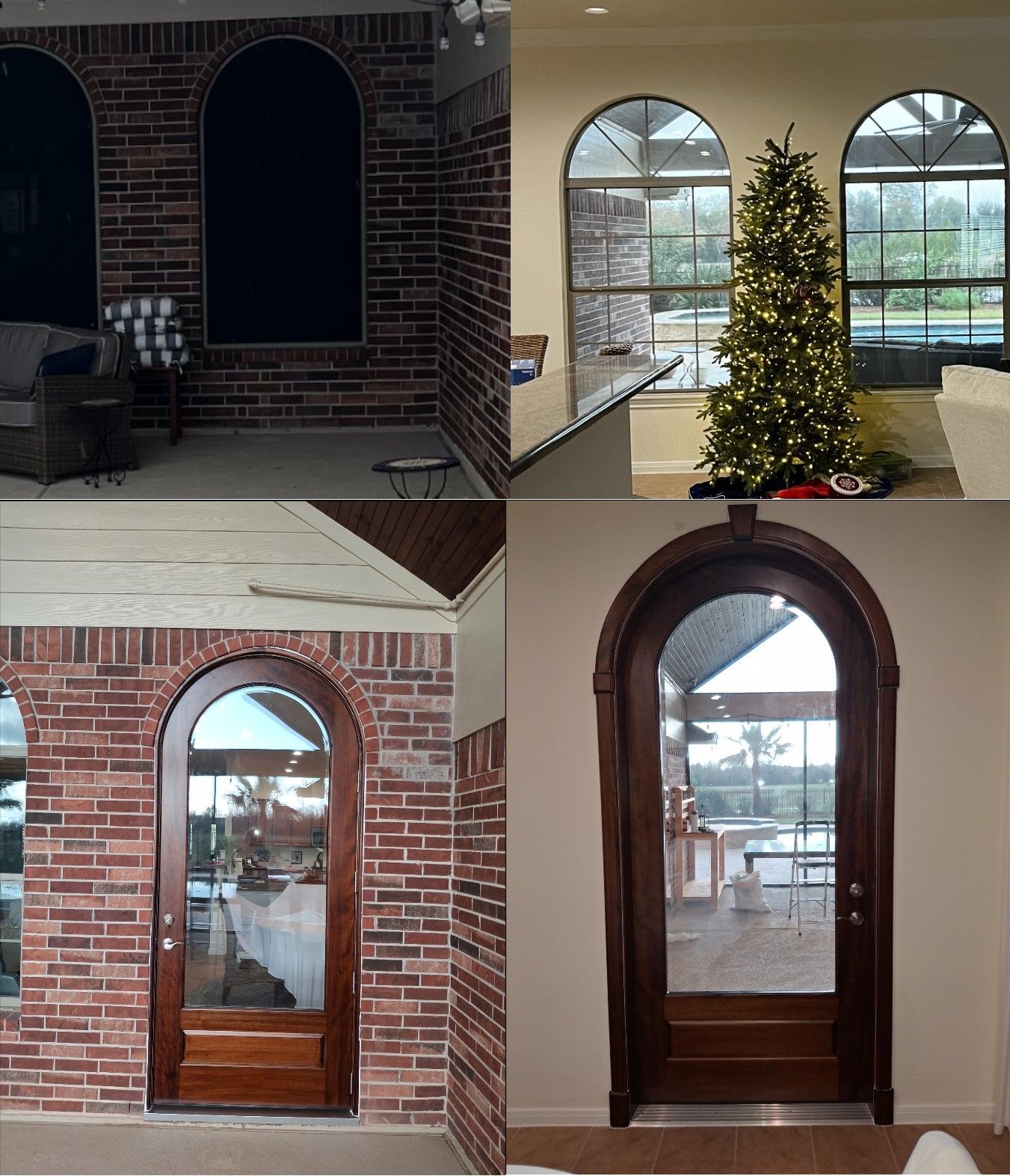 Collage of four arched window and door openings in brick interiors, one with a lit Christmas tree.