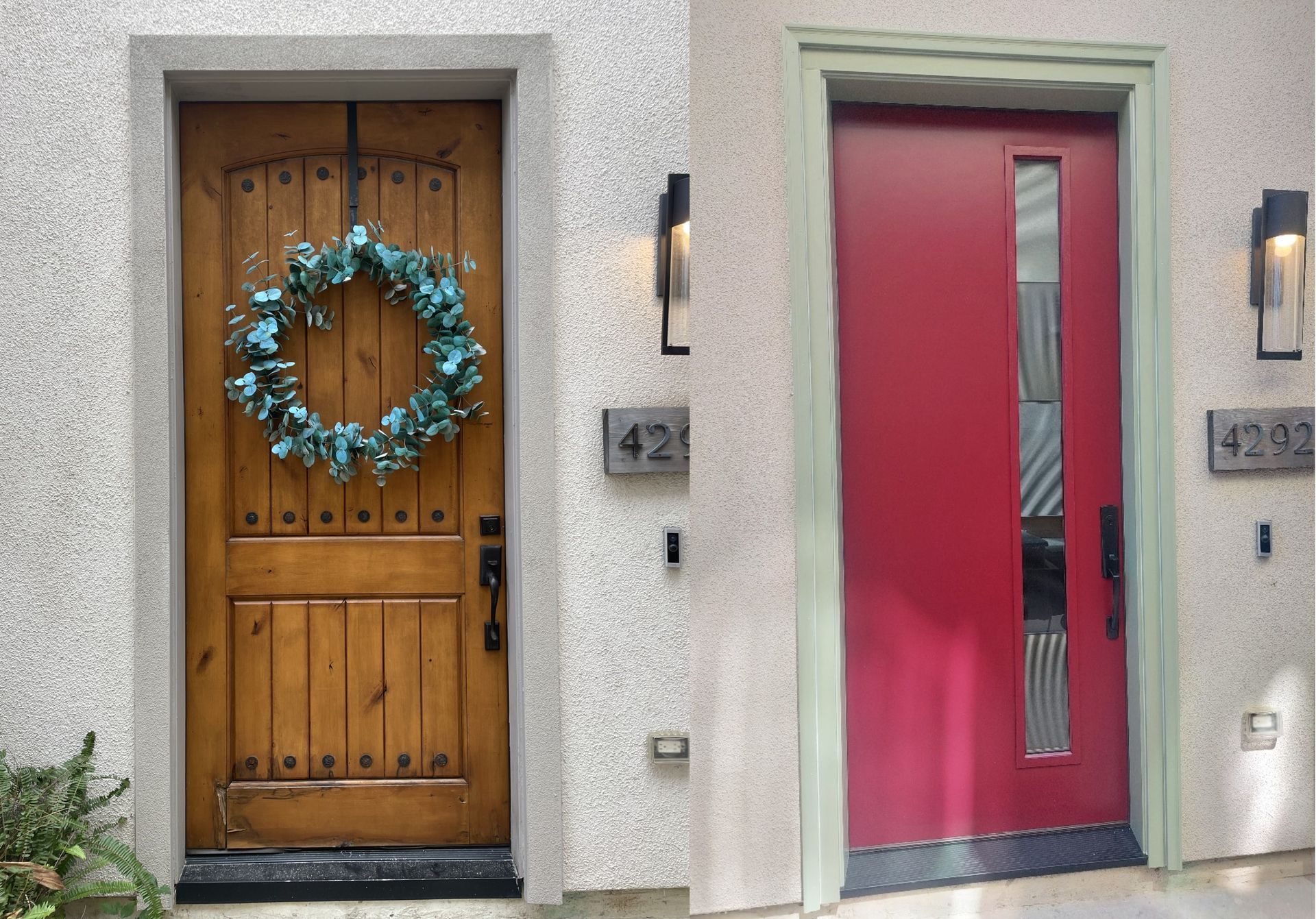Two adjacent front doors, one wooden with a blue wreath and one red, on a stucco house facade